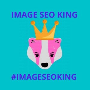 Image SEO King. Image SEO gold crown wearing pink honey badger on a teal blue background. Cause that's what Image SEO King's do to SEO images! #imageseoking