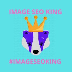 Image SEO King. Image SEO gold crown wearing purple honey badger on a light blue background. Cause that's what Image SEO King's do to SEO images! #imageseoking