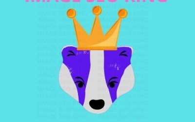 Image SEO King. Image SEO gold crown wearing purple honey badger on a light blue background. Cause that's what Image SEO King's do to SEO images! #imageseoking