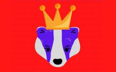 Image SEO King. Image SEO gold crown wearing purple honey badger on a red background. Cause that's what Image SEO King's do to SEO images! #imageseoking