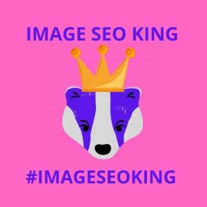 Image SEO King. Image SEO gold crown wearing purple honey badger on a pink background. Cause that's what Image SEO King's do to SEO images! #imageseoking