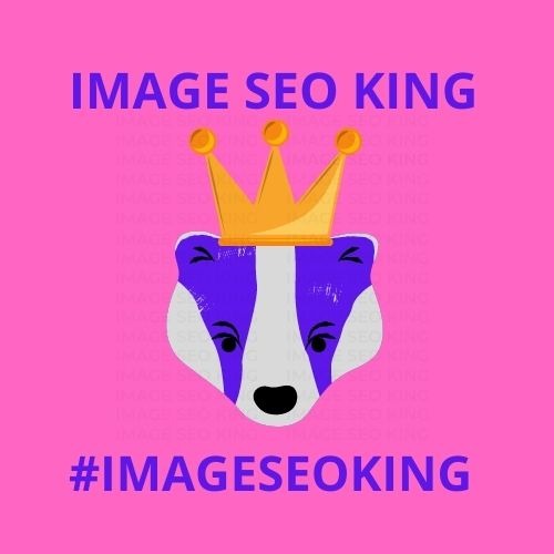 Image SEO King. Image SEO gold crown wearing purple honey badger on a pink background. Cause that's what Image SEO King's do to SEO images! #imageseoking