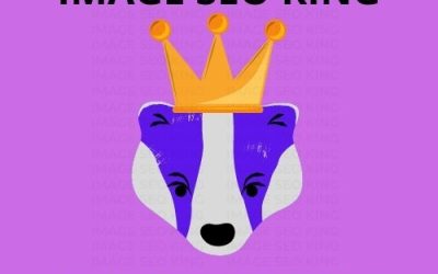 Image SEO King. Image SEO gold crown wearing purple honey badger on a light purple background. Cause that's what Image SEO King's do to SEO images!