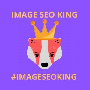 Image SEO King. Image SEO gold crown wearing orange honey badger on a purple background. Cause that's what Image SEO King's do to SEO images! #imageseoking