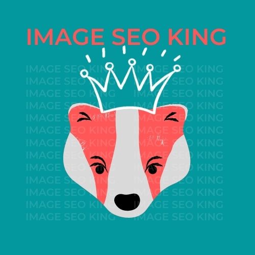 Image SEO King. Image SEO white crown wearing red honey badger on a turquoise colored background. Cause that's what Image SEO King's do to SEO images!