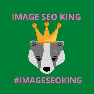 Image SEO King. Image SEO gold crown wearing grey honey badger on a dark green background. Cause that's what Image SEO King's do to SEO images! #imageseoking