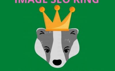 Image SEO King. Image SEO gold crown wearing grey honey badger on a dark green background. Cause that's what Image SEO King's do to SEO images! #imageseoking