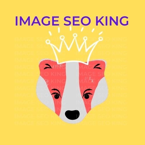 Image SEO King. Image SEO white crown wearing red honey badger on a yellow colored background. Cause that's what Image SEO King's do to SEO images!