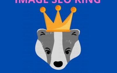 Image SEO King. Image SEO gold crown wearing grey honey badger on a dark blue background. Cause that's what Image SEO King's do to SEO images! #imageseoking