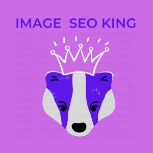 Image SEO King. Image SEO white crown wearing dark purple honey badger on a light purple colored background. Cause that's what Image SEO King's do to SEO images!