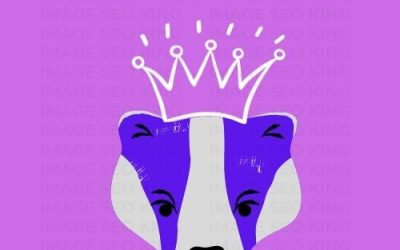 Image SEO King. Image SEO white crown wearing dark purple honey badger on a light purple colored background. Cause that's what Image SEO King's do to SEO images!