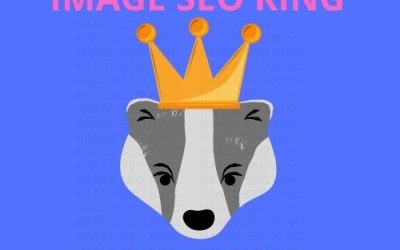 Image SEO King. Image SEO gold crown wearing grey honey badger on a blue background. Cause that's what Image SEO King's do to SEO images! #imageseoking