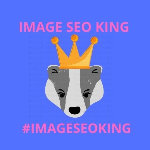 Image SEO King. Image SEO gold crown wearing grey honey badger on a blue background. Cause that's what Image SEO King's do to SEO images! #imageseoking