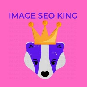 Image SEO King. Image SEO white crown wearing dark purple honey badger on a pink colored background. Cause that's what Image SEO King's do to SEO images!