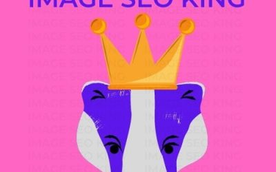 Image SEO King. Image SEO white crown wearing dark purple honey badger on a pink colored background. Cause that's what Image SEO King's do to SEO images!