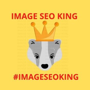 Image SEO King. Image SEO gold crown wearing grey honey badger on a yellow background. Cause that's what Image SEO King's do to SEO images! #imageseoking