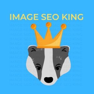 Image SEO King. Image SEO gold crown wearing grey honey badger on a light blue background. Cause that's what Image SEO King's do to SEO images!