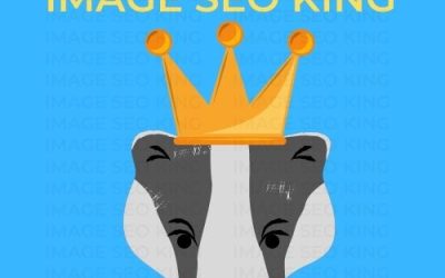 Image SEO King. Image SEO gold crown wearing grey honey badger on a light blue background. Cause that's what Image SEO King's do to SEO images!