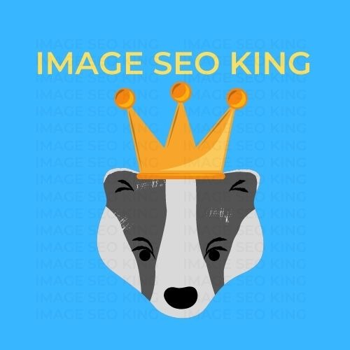 Image SEO King. Image SEO gold crown wearing grey honey badger on a light blue background. Cause that's what Image SEO King's do to SEO images!