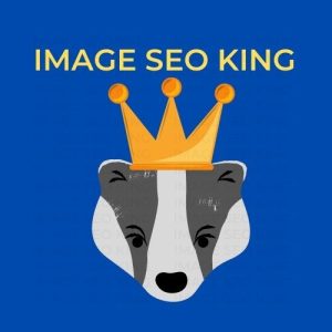 Image SEO King. Image SEO gold crown wearing grey honey badger on a blue background. Cause that's what Image SEO King's do to SEO images!