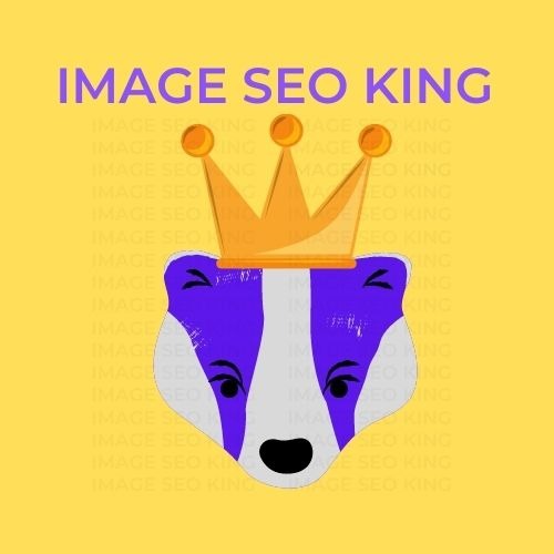 Image SEO King. Image SEO gold crown wearing purple honey badger on a neon yellow background. Cause that's what Image SEO King's do to SEO images!