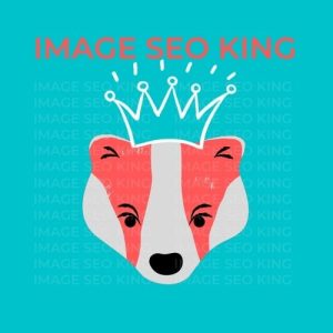 Image SEO King. Image SEO white crown wearing orange honey badger on a turquoise colored background. Cause that's what Image SEO King's do to SEO images!