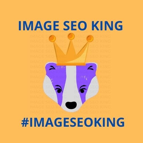 Image SEO King. Image SEO gold crown wearing purple honey badger on an orange background. Cause that's what Image SEO King's do to SEO images! #imageseoking