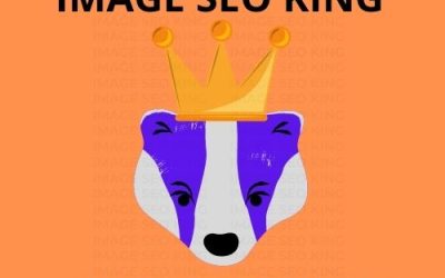 Image SEO King. Image SEO gold crown wearing purple honey badger on a orange background. Cause that's what Image SEO King's do to SEO images! #imageseoking