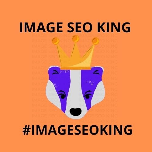 Image SEO King. Image SEO gold crown wearing purple honey badger on a orange background. Cause that's what Image SEO King's do to SEO images! #imageseoking