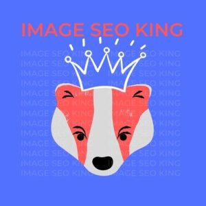 Image SEO King. Image SEO gold crown wearing orange honey badger on a bright blue background. Cause that's what Image SEO King's do to SEO images!