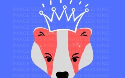 Image SEO King. Image SEO gold crown wearing orange honey badger on a bright blue background. Cause that's what Image SEO King's do to SEO images!