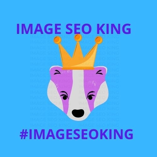 Image SEO King. Image SEO gold crown wearing pink honey badger on a light blue background. Cause that's what Image SEO King's do to SEO images! #imageseoking